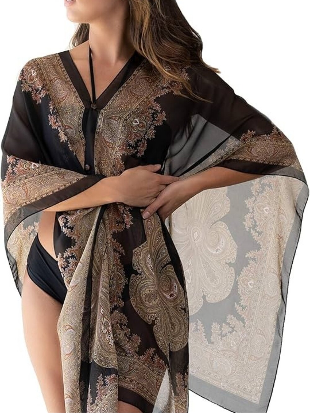 Black Sheer Paisley Kimono Cover-Up with Tan Accents
